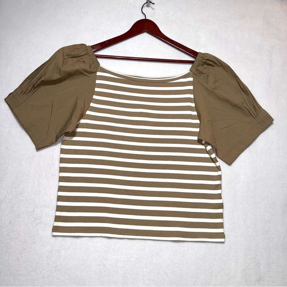 NWT J.Crew Off-the-Shoulder Puff Short Sleeve Coquette Shirt Brown White Size 2X - Picture 3 of 11
